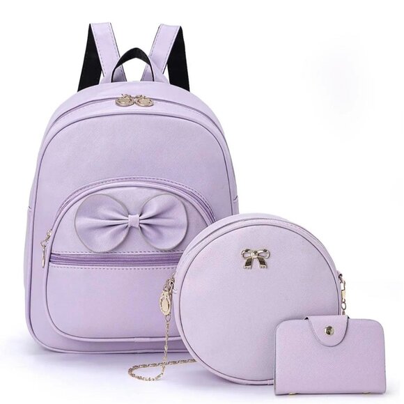 Girls 3pc Set of Lavender Backpack with a Bow & Round Crossbody Purse & Wallet - Picture 1 of 5